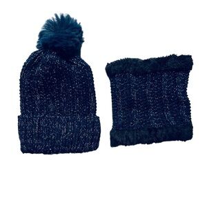 NAVY blue toque thick lined beanie hat pompom knit ribbing  and neck warmer